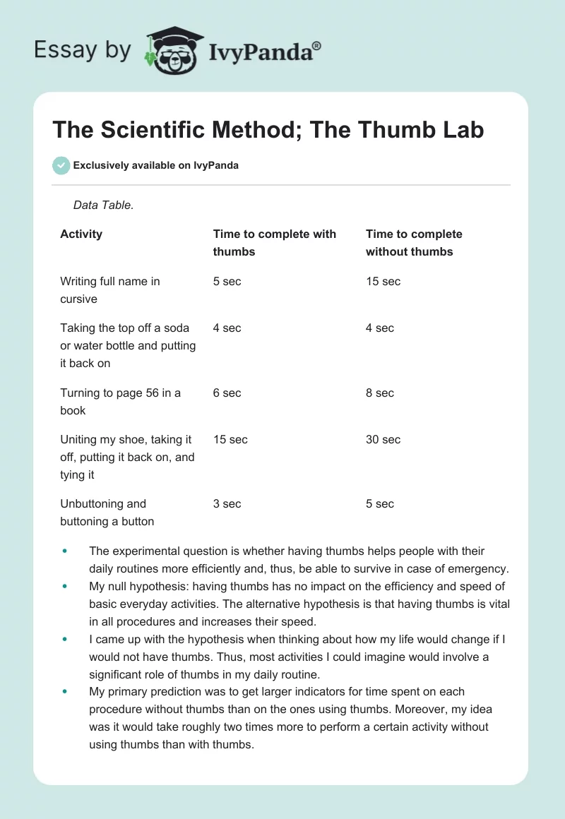 The Scientific Method; The Thumb Lab. Page 1