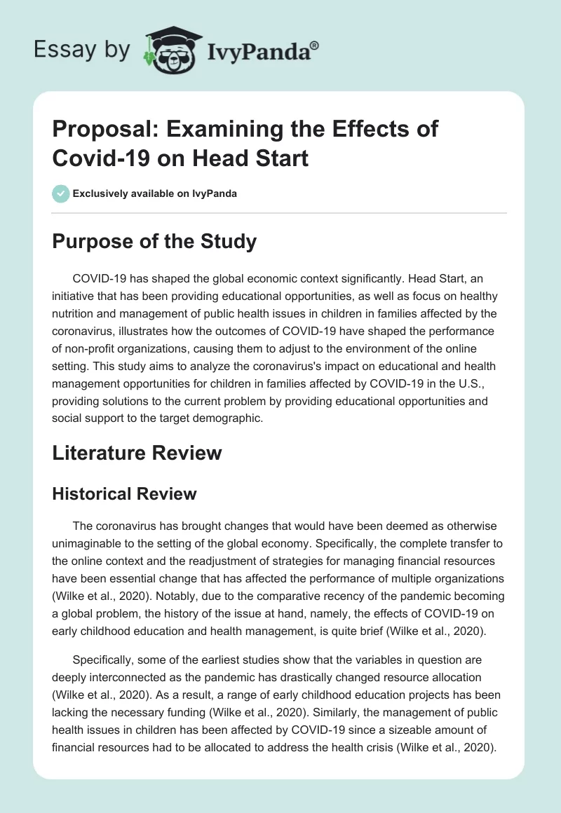 Proposal: Examining the Effects of Covid-19 on Head Start. Page 1