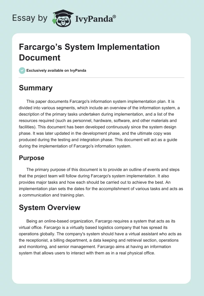 Farcargo’s System Implementation Document. Page 1