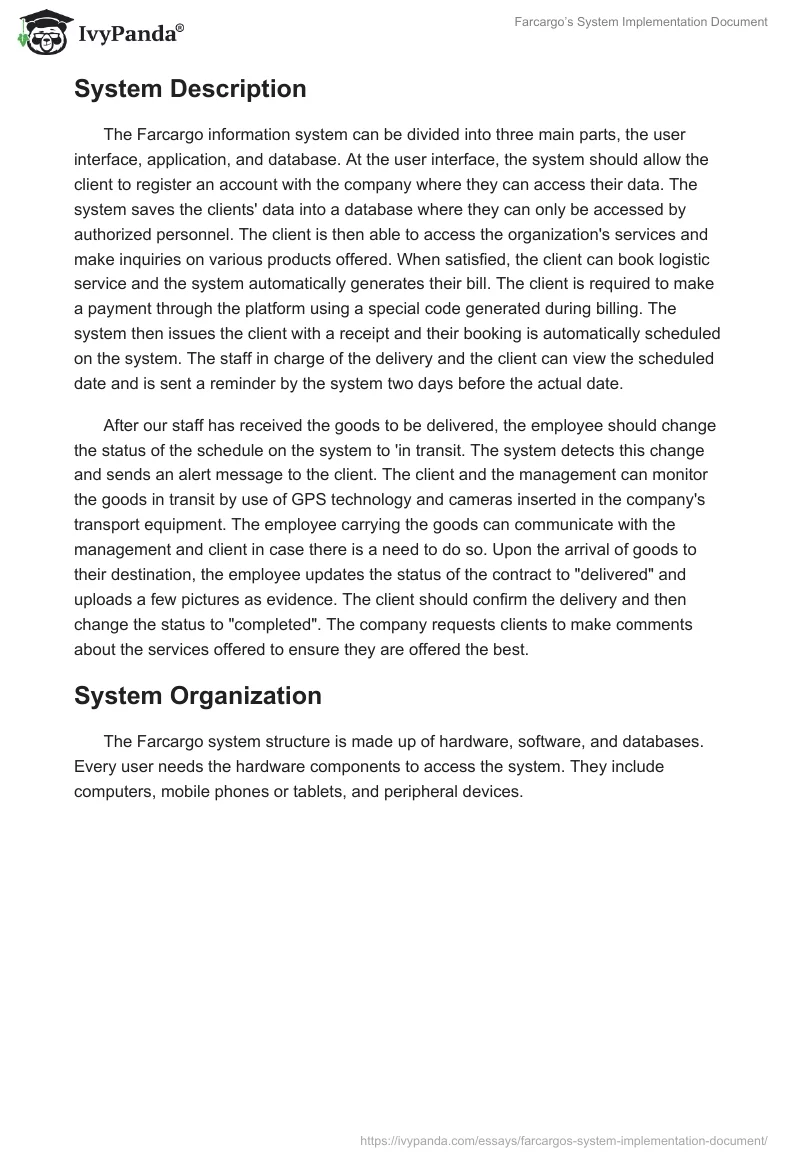 Farcargo’s System Implementation Document. Page 2