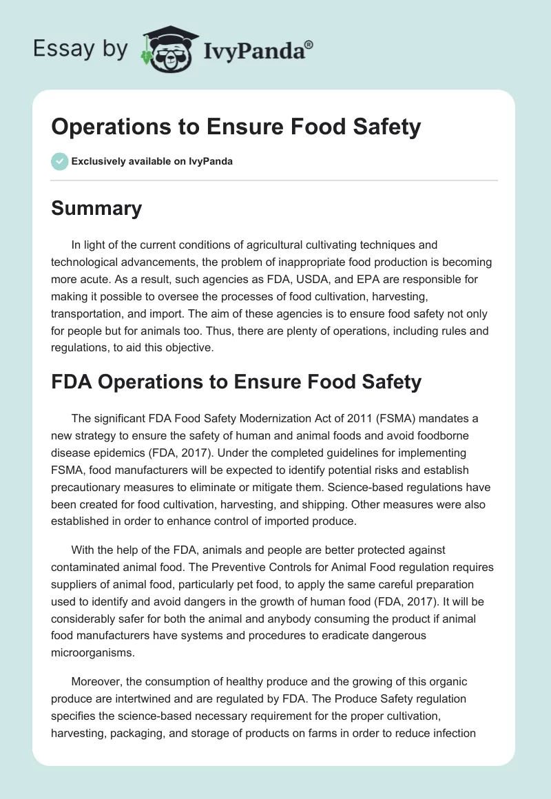 Operations to Ensure Food Safety. Page 1