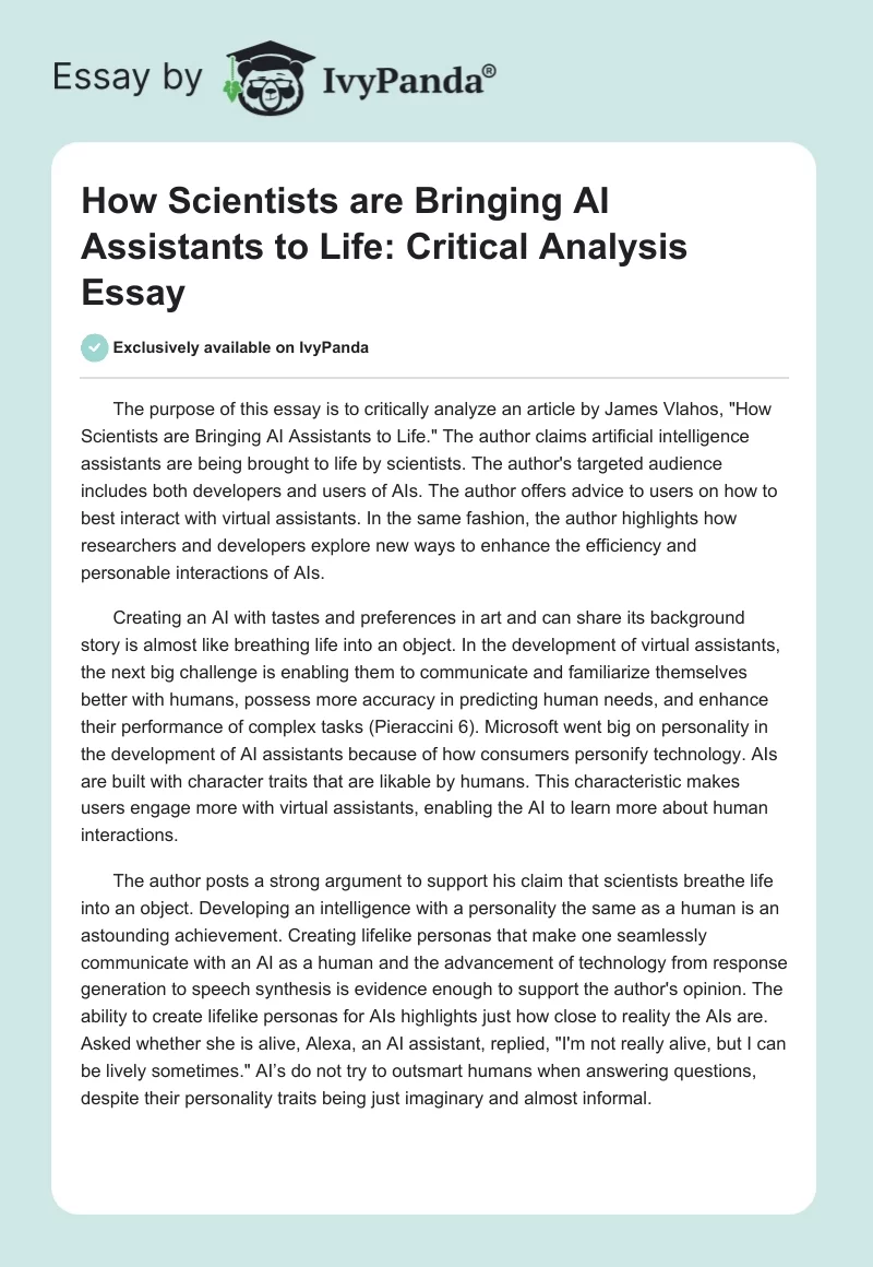 How Scientists are Bringing AI Assistants to Life: Critical Analysis Essay. Page 1