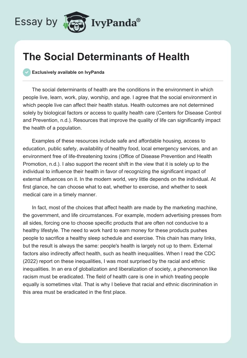 The Social Determinants Of Health Words Essay Example
