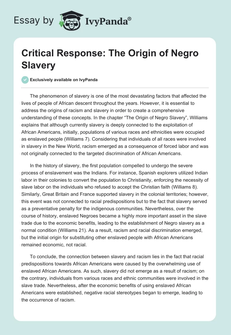 Critical Response: The Origin of Negro Slavery. Page 1