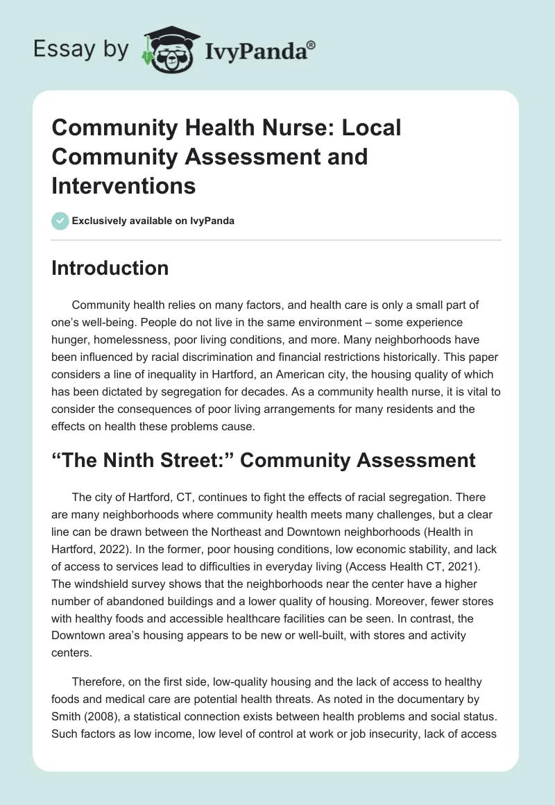 Community Health Nurse: Local Community Assessment and Interventions. Page 1