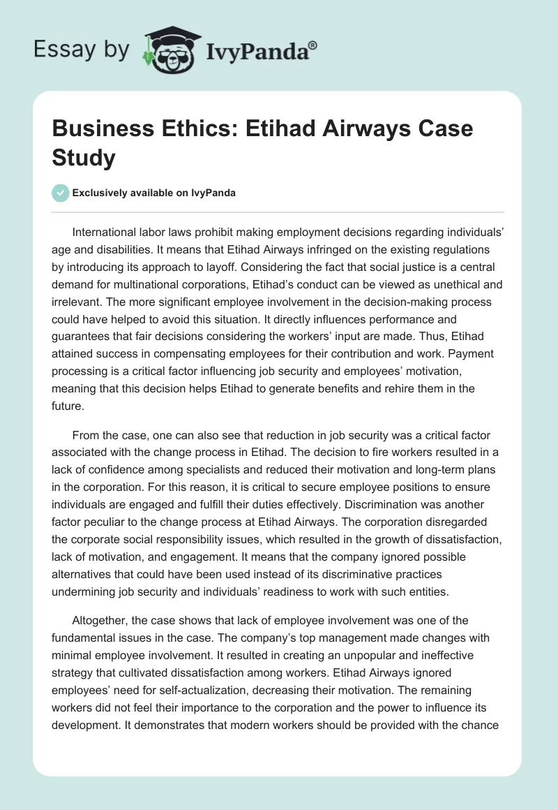 Business Ethics: Etihad Airways Case Study. Page 1