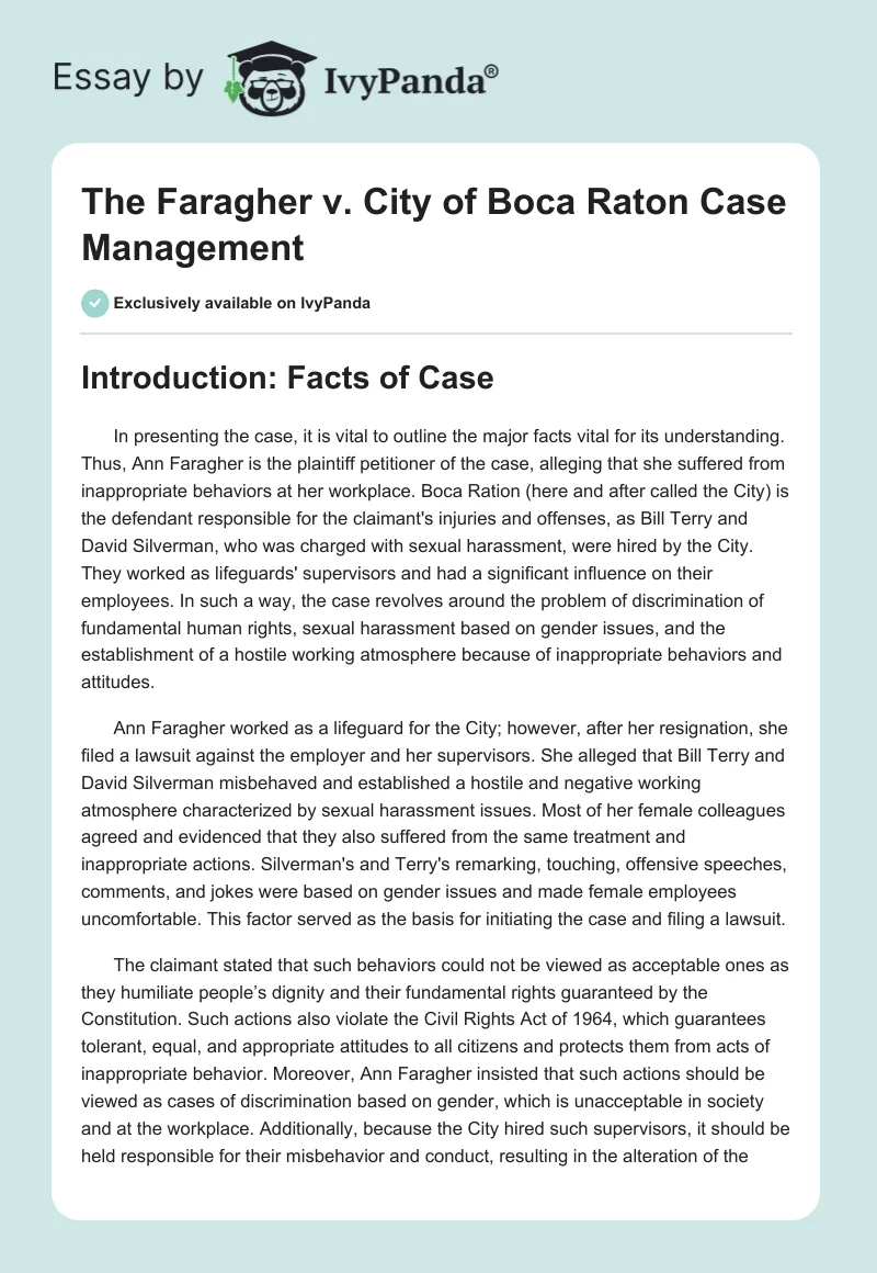 The Faragher v. City of Boca Raton Case Management. Page 1