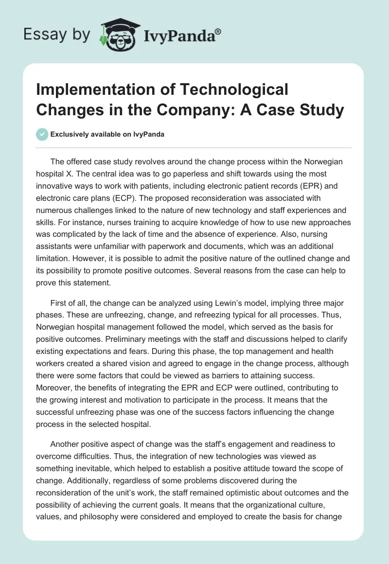 Implementation of Technological Changes in the Company: A Case Study. Page 1