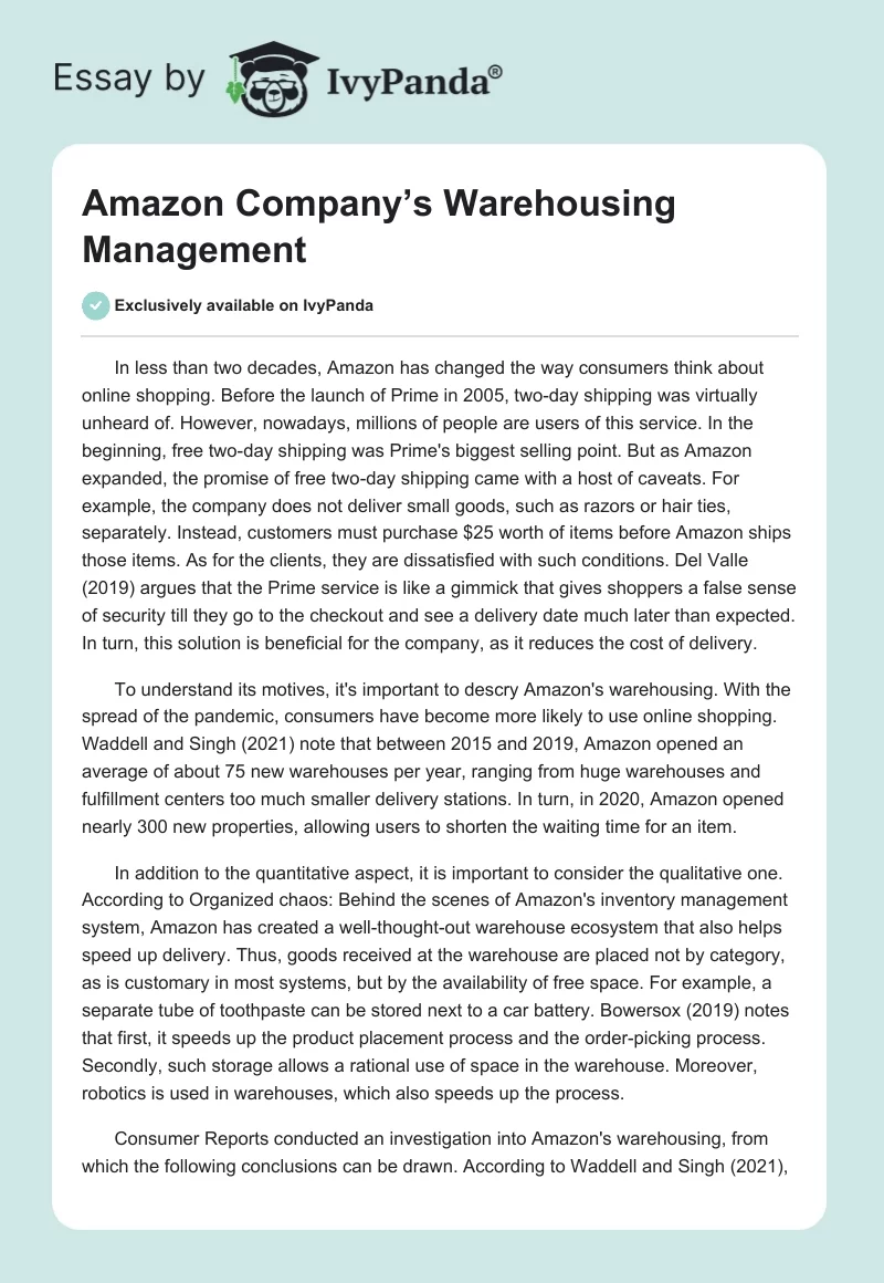 Amazon Company’s Warehousing Management. Page 1