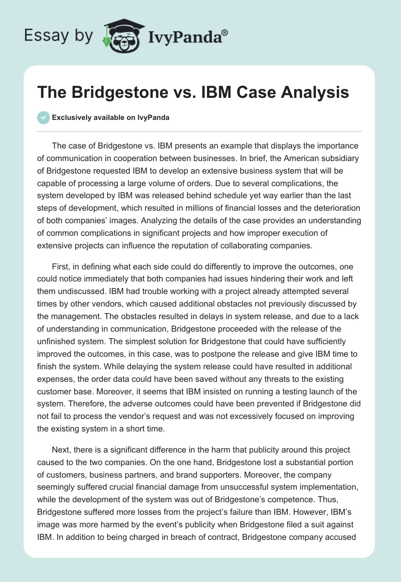 The Bridgestone vs. IBM Case Analysis. Page 1