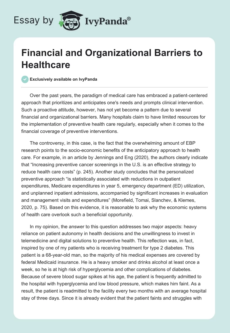 Financial and Organizational Barriers to Healthcare. Page 1