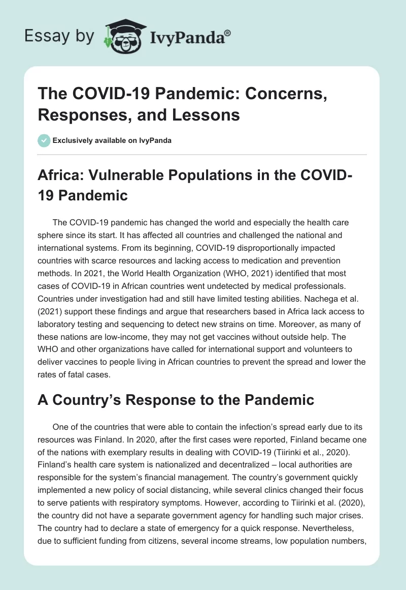 The COVID-19 Pandemic: Concerns, Responses, and Lessons. Page 1