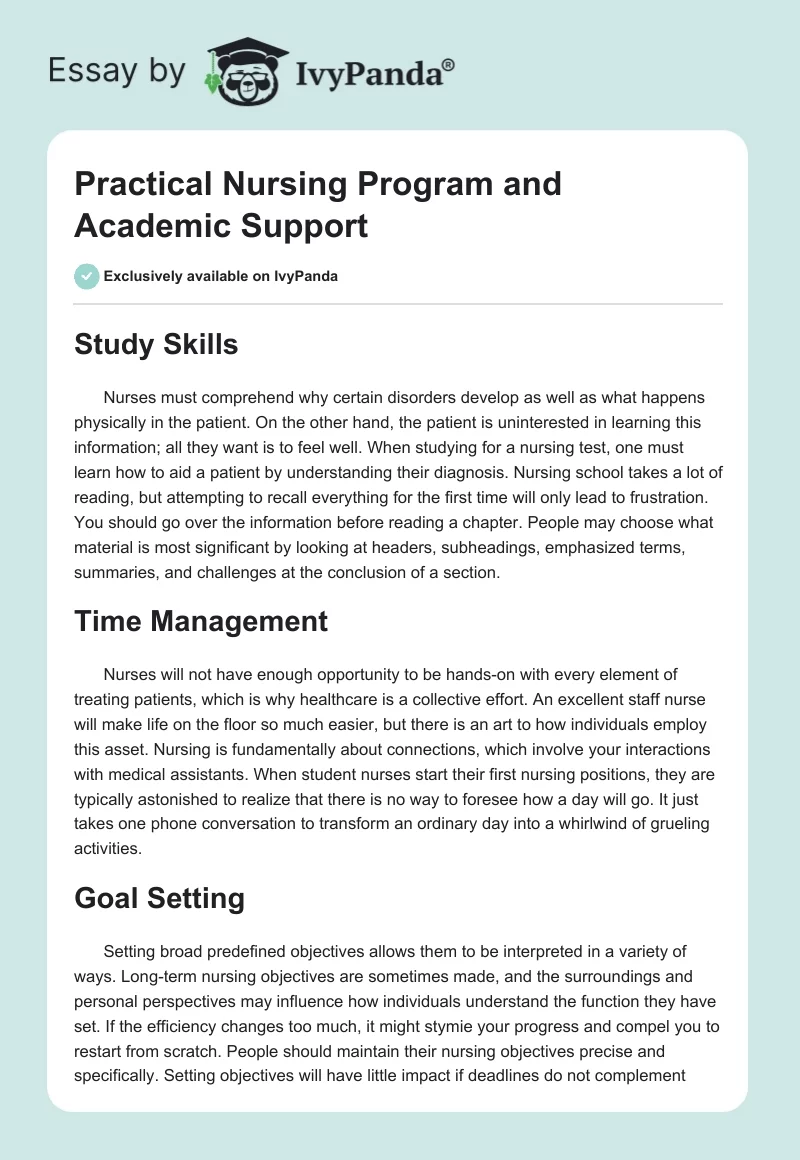 Practical Nursing Program and Academic Support. Page 1