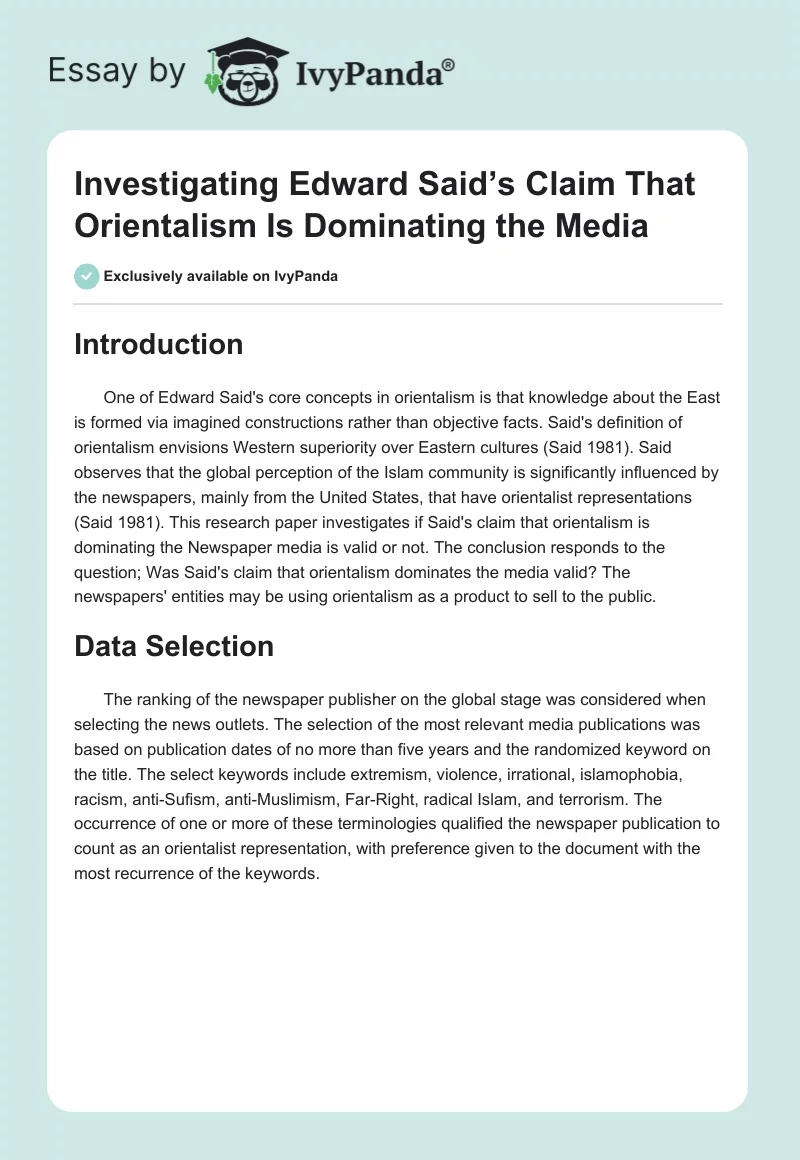 Investigating Edward Said’s Claim That Orientalism Is Dominating the Media. Page 1