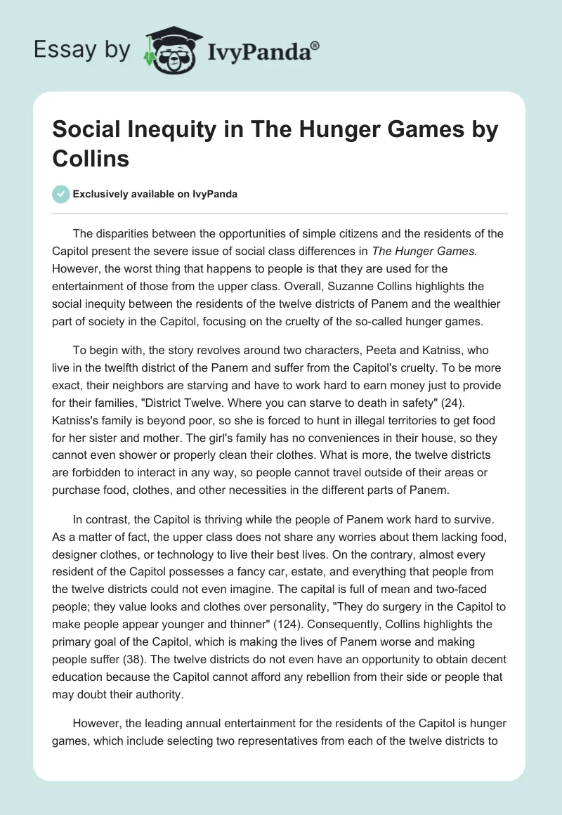 Social Inequity in "The Hunger Games" by Collins. Page 1
