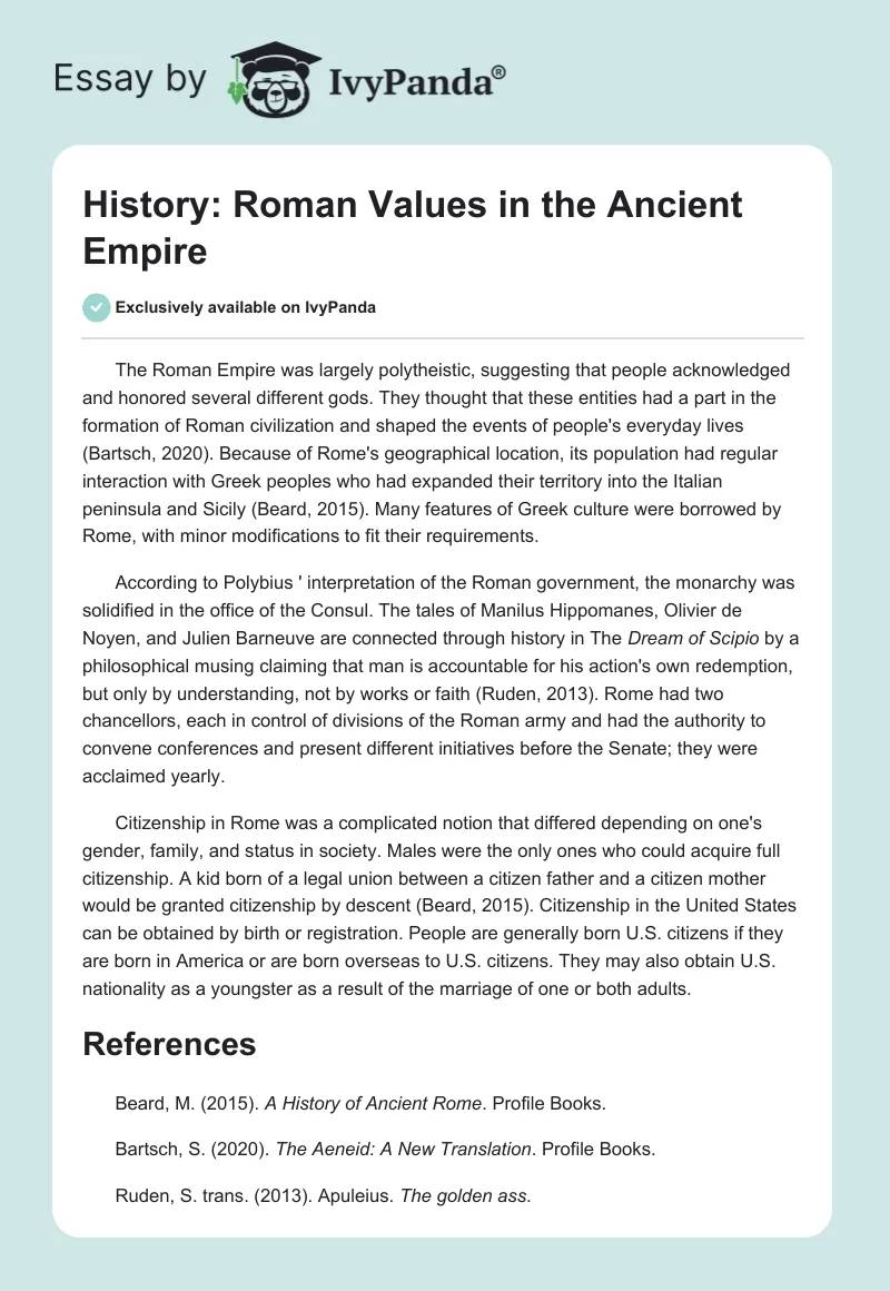 History: Roman Values in the Ancient Empire. Page 1