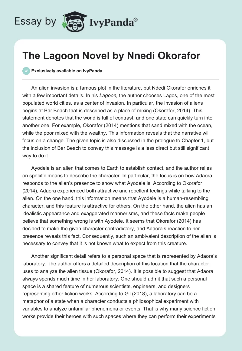 The "Lagoon" Novel by Nnedi Okorafor. Page 1