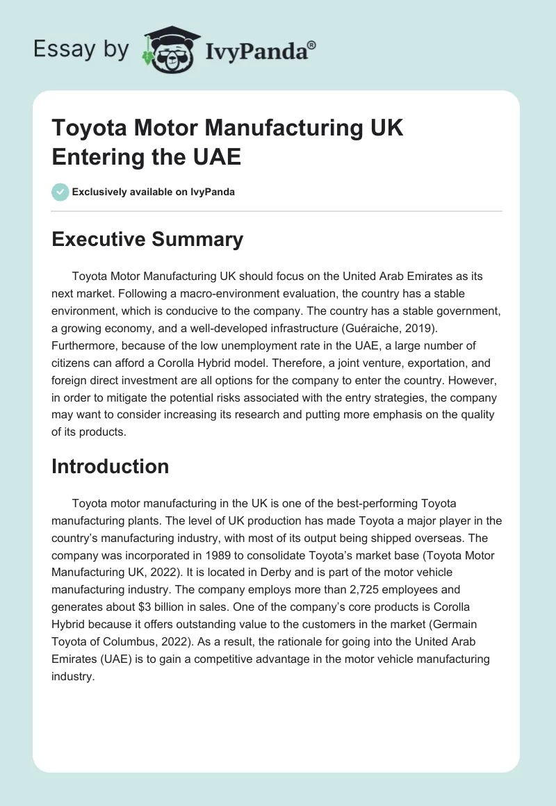 Toyota Motor Manufacturing UK Entering the UAE. Page 1