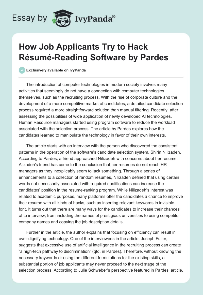 How Job Applicants Try to Hack Résumé-Reading Software by Pardes. Page 1