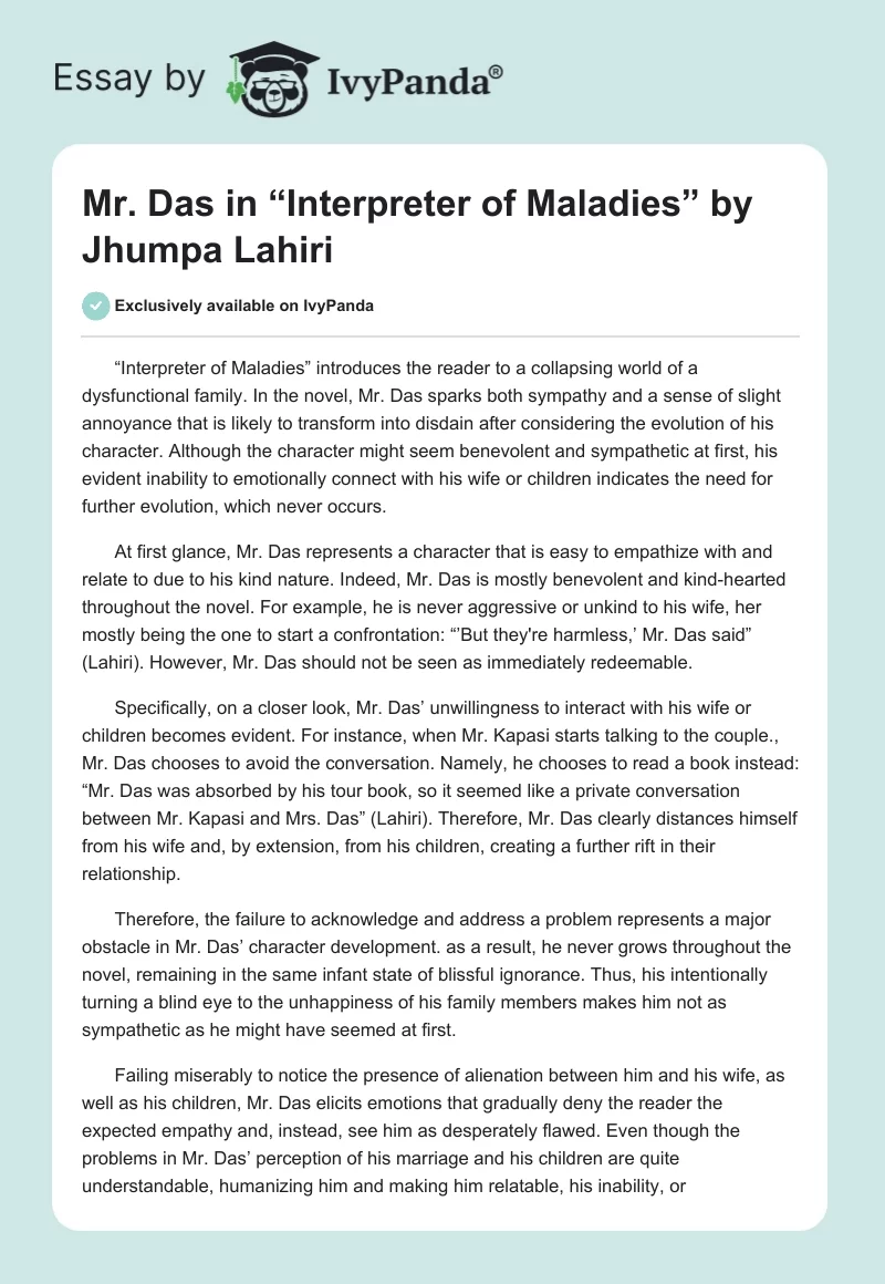 Mr. Das in “Interpreter of Maladies” by Jhumpa Lahiri. Page 1