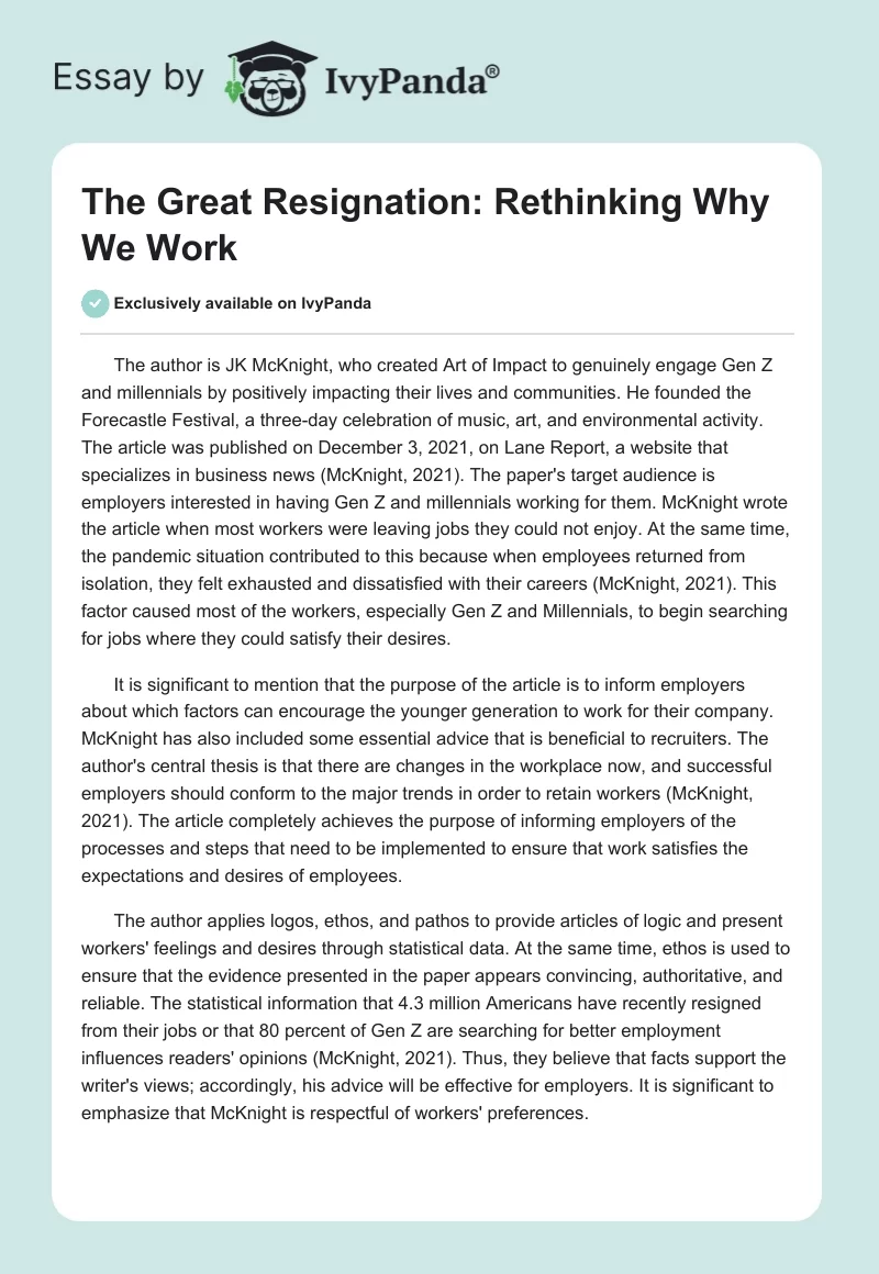 The Great Resignation: Rethinking Why We Work. Page 1