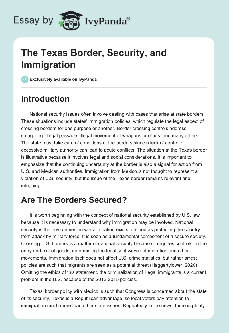 The Texas Border, Security, and Immigration. Page 1