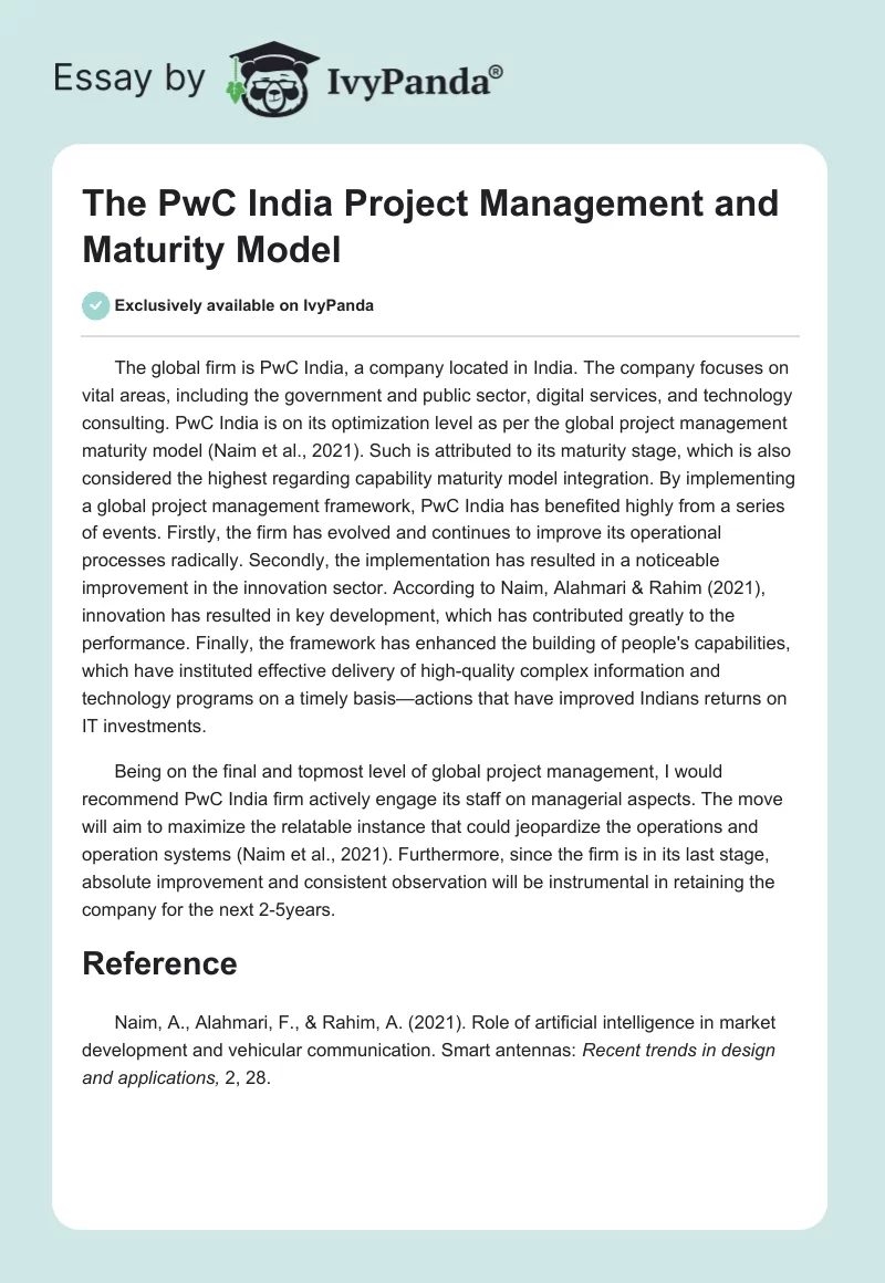 The PwC India Project Management and Maturity Model. Page 1