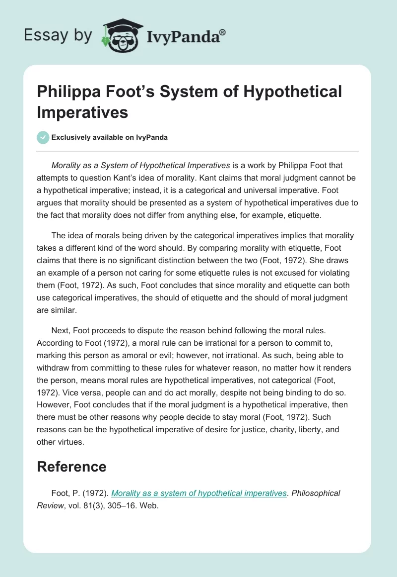 Philippa Foot’s System of Hypothetical Imperatives. Page 1