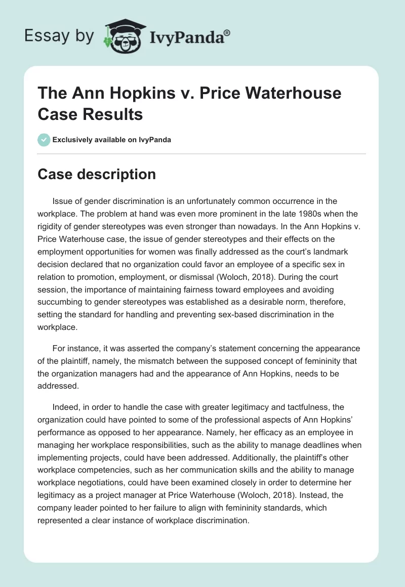 The Ann Hopkins v. Price Waterhouse Case Results. Page 1