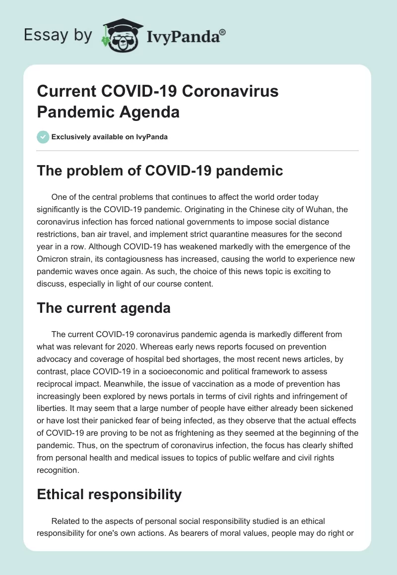 Current COVID-19 Coronavirus Pandemic Agenda. Page 1