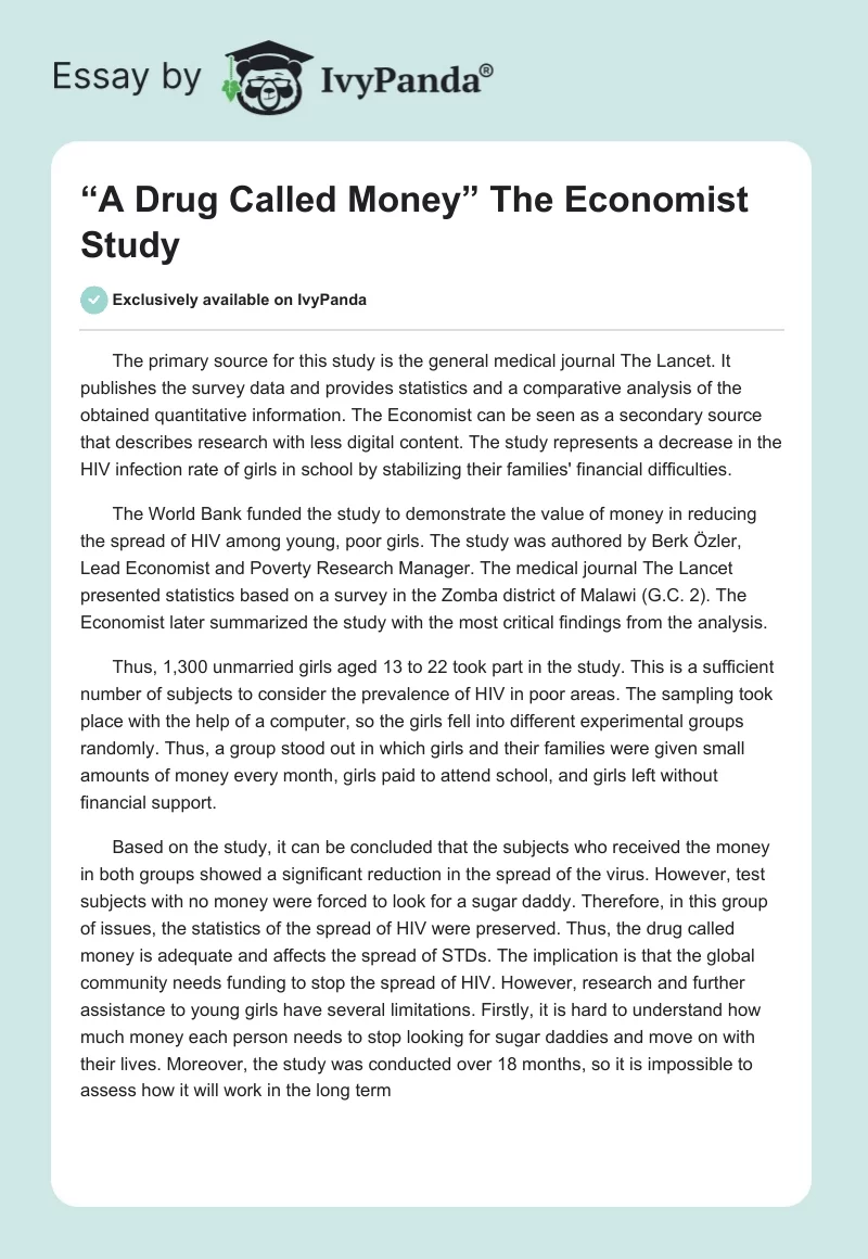 “A Drug Called Money” The Economist Study. Page 1