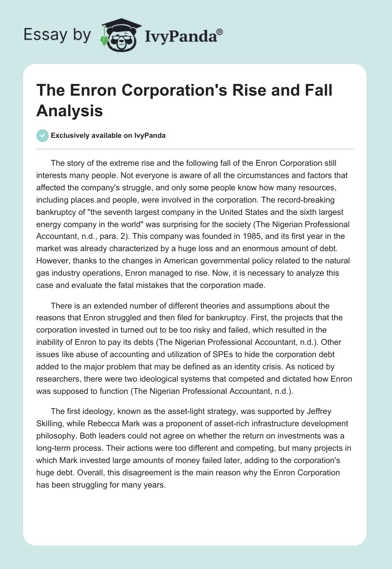 The Enron Corporation's Rise and Fall Analysis. Page 1