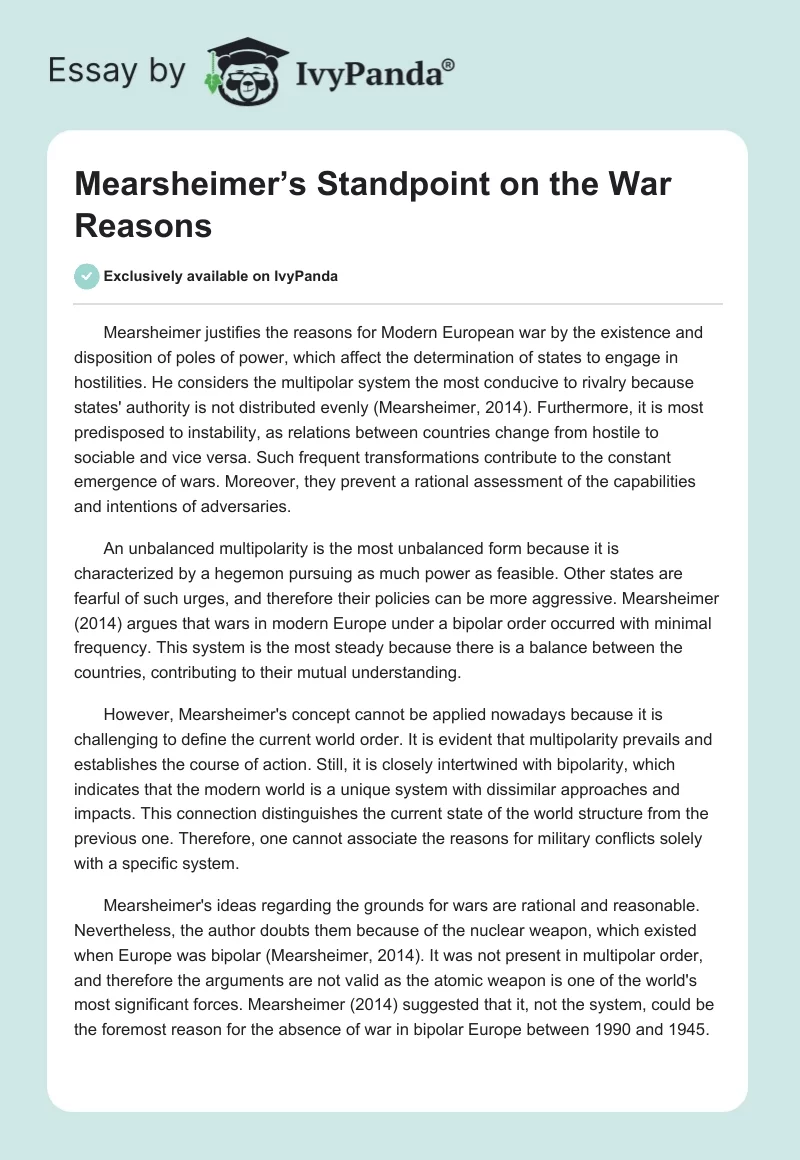 Mearsheimer’s Standpoint on the War Reasons. Page 1