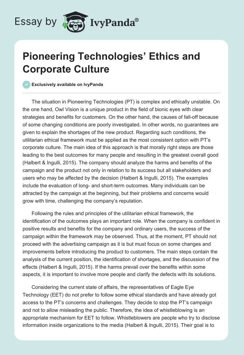 Pioneering Technologies’ Ethics and Corporate Culture. Page 1