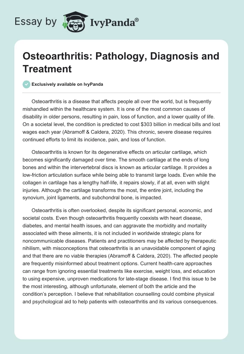 Osteoarthritis: Pathology, Diagnosis, and Treatment. Page 1