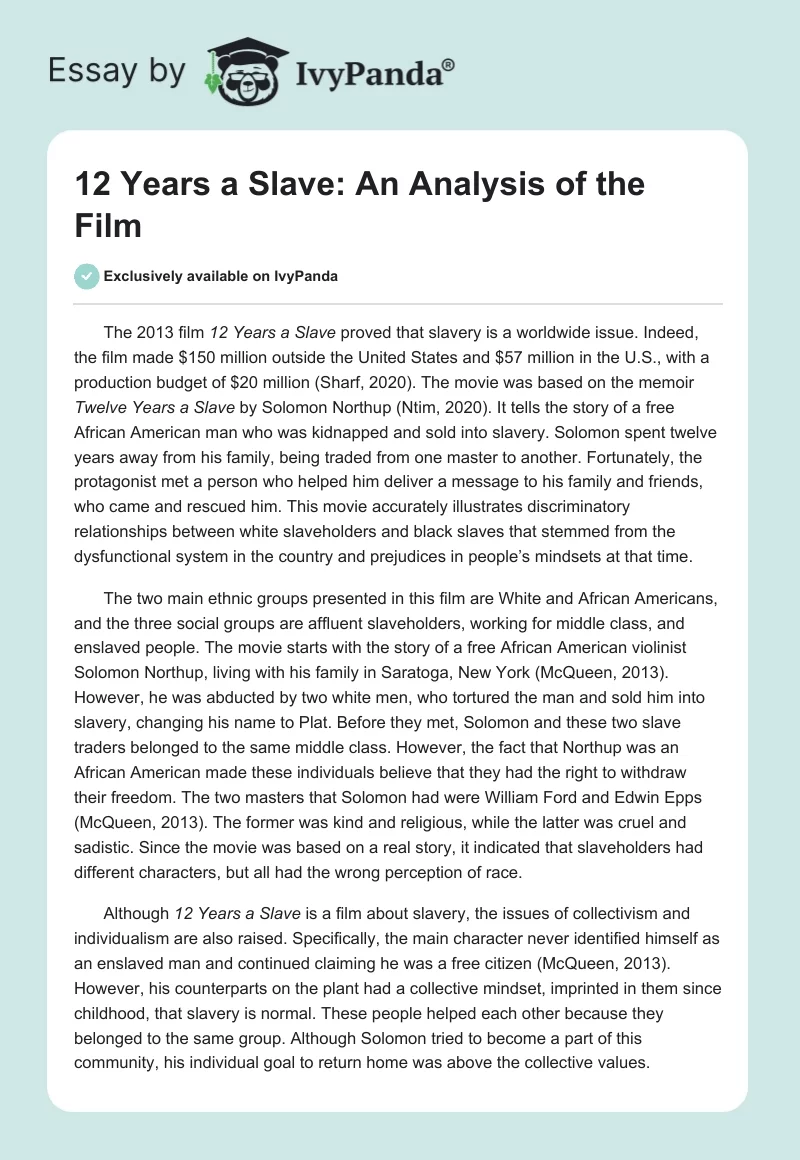 "12 Years a Slave": An Analysis of the Film. Page 1