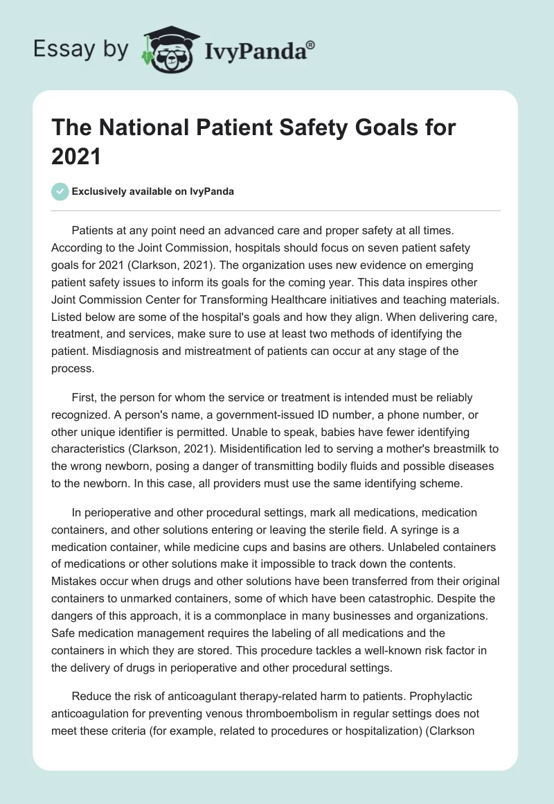 The National Patient Safety Goals for 2021. Page 1