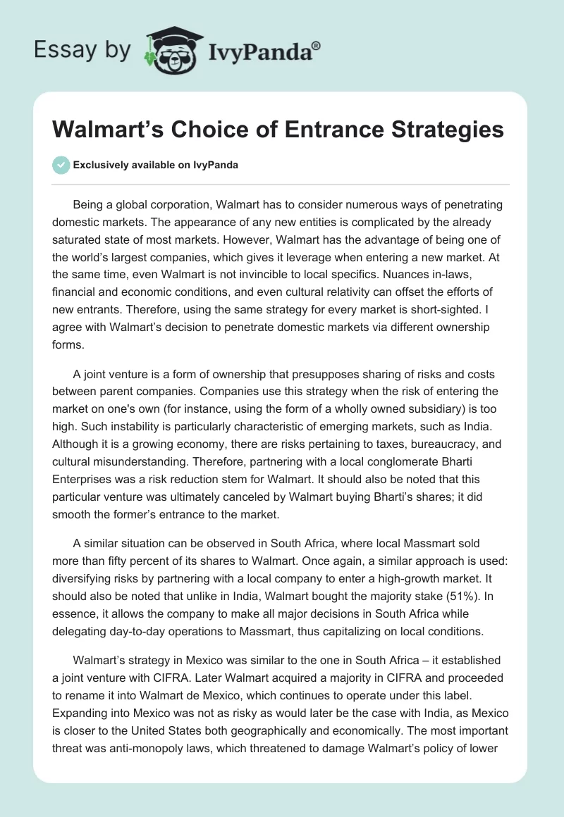 Walmart’s Choice of Entrance Strategies. Page 1