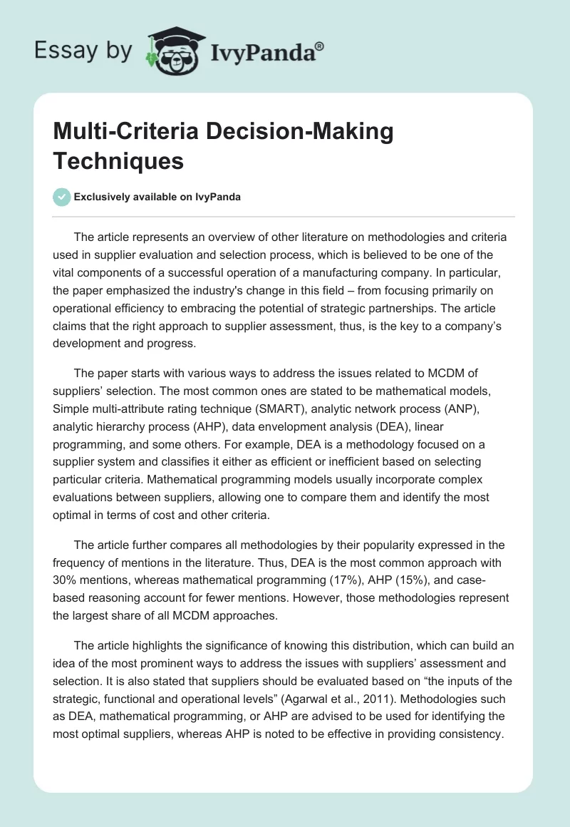 Multi-Criteria Decision-Making Techniques. Page 1