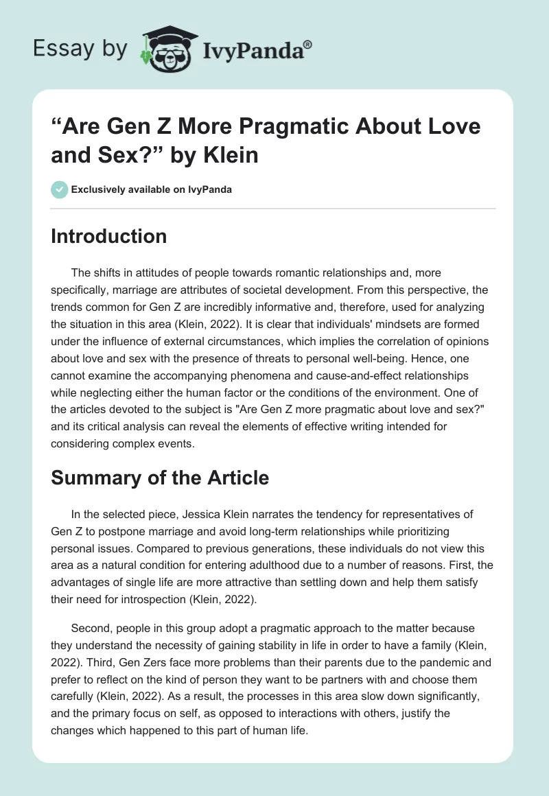 “Are Gen Z More Pragmatic About Love and Sex?” by Klein. Page 1