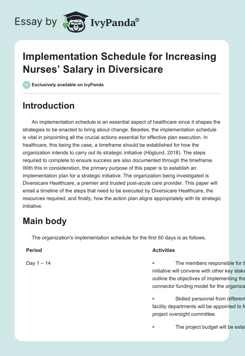 Implementation Schedule for Increasing Nurses’ Salary in Diversicare. Page 1
