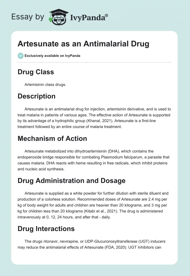 Artesunate as an Antimalarial Drug. Page 1