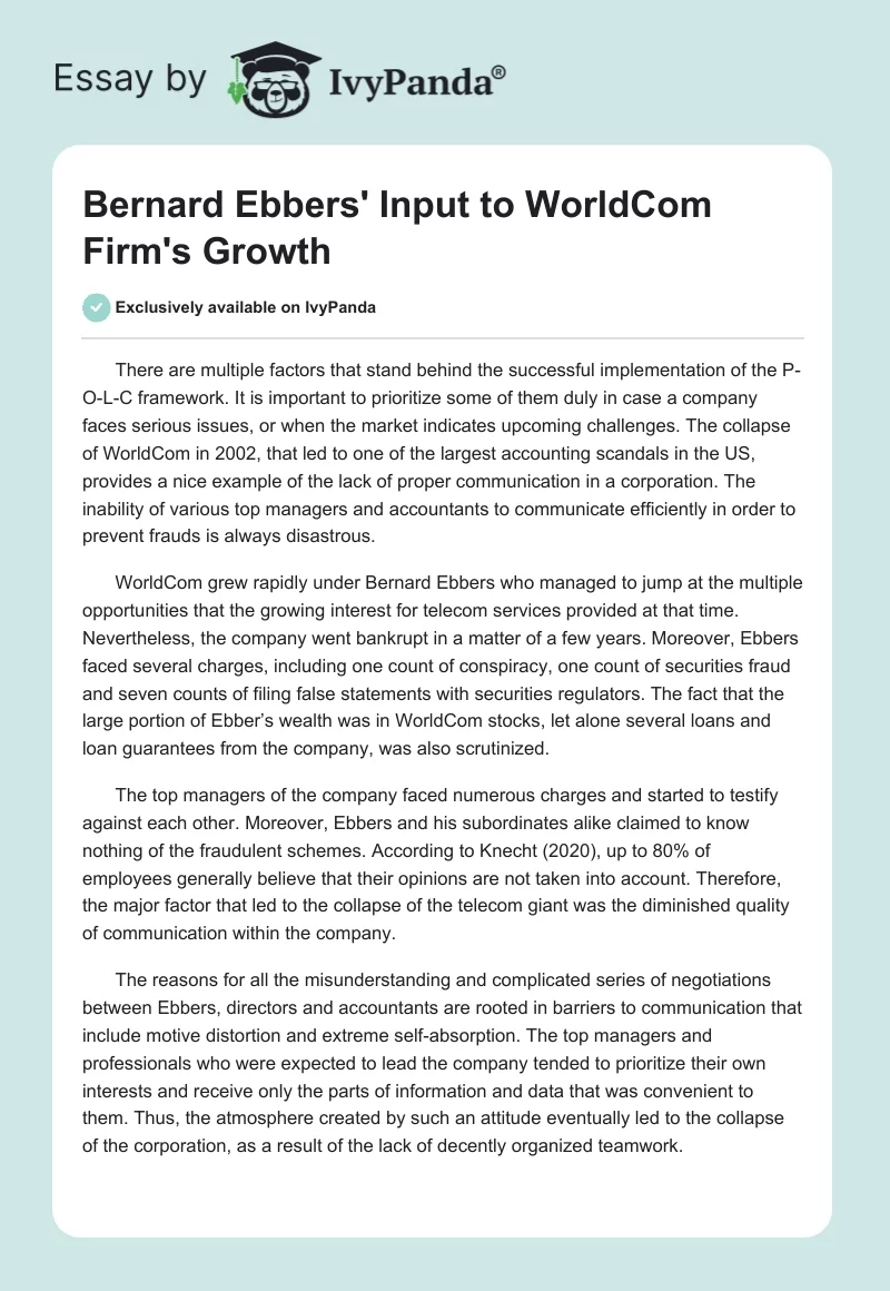 Bernard Ebbers' Input to WorldCom Firm's Growth. Page 1