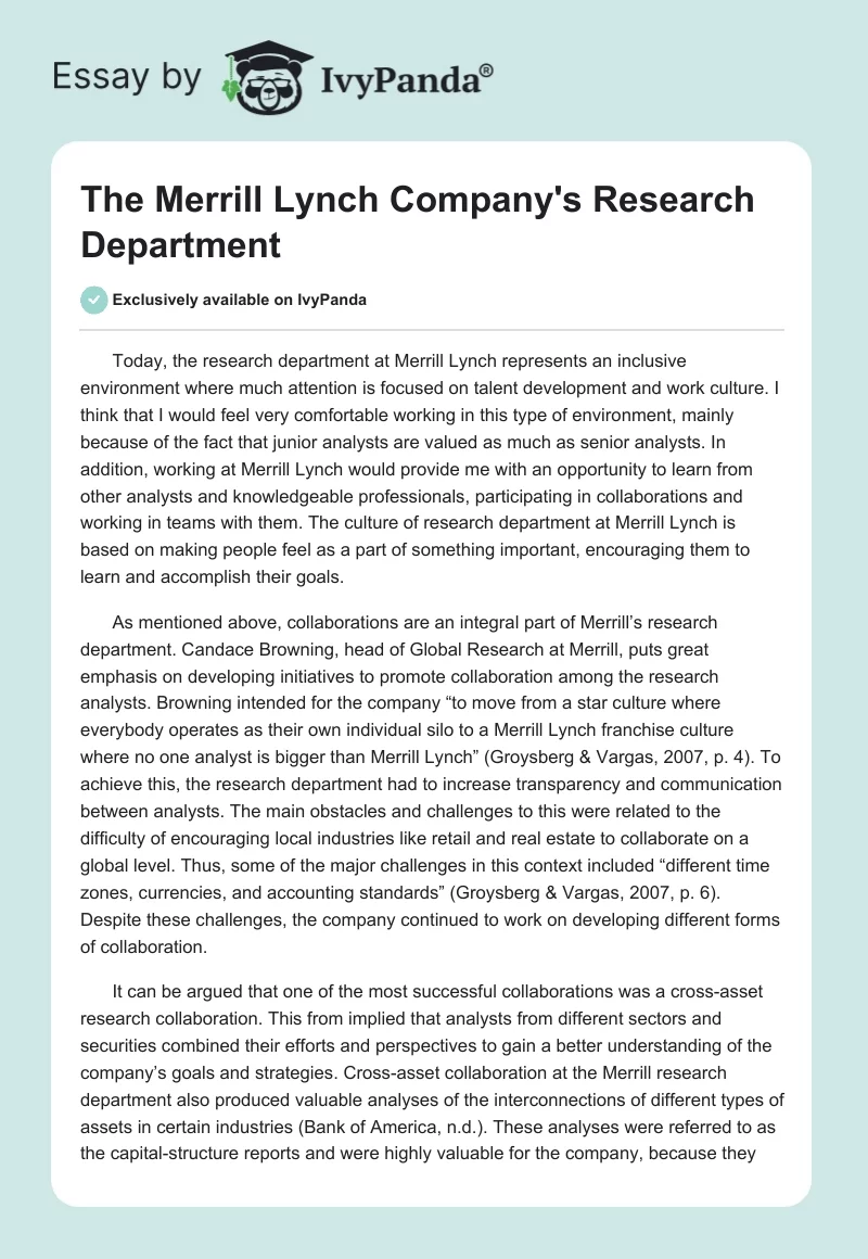 The Merrill Lynch Company's Research Department. Page 1