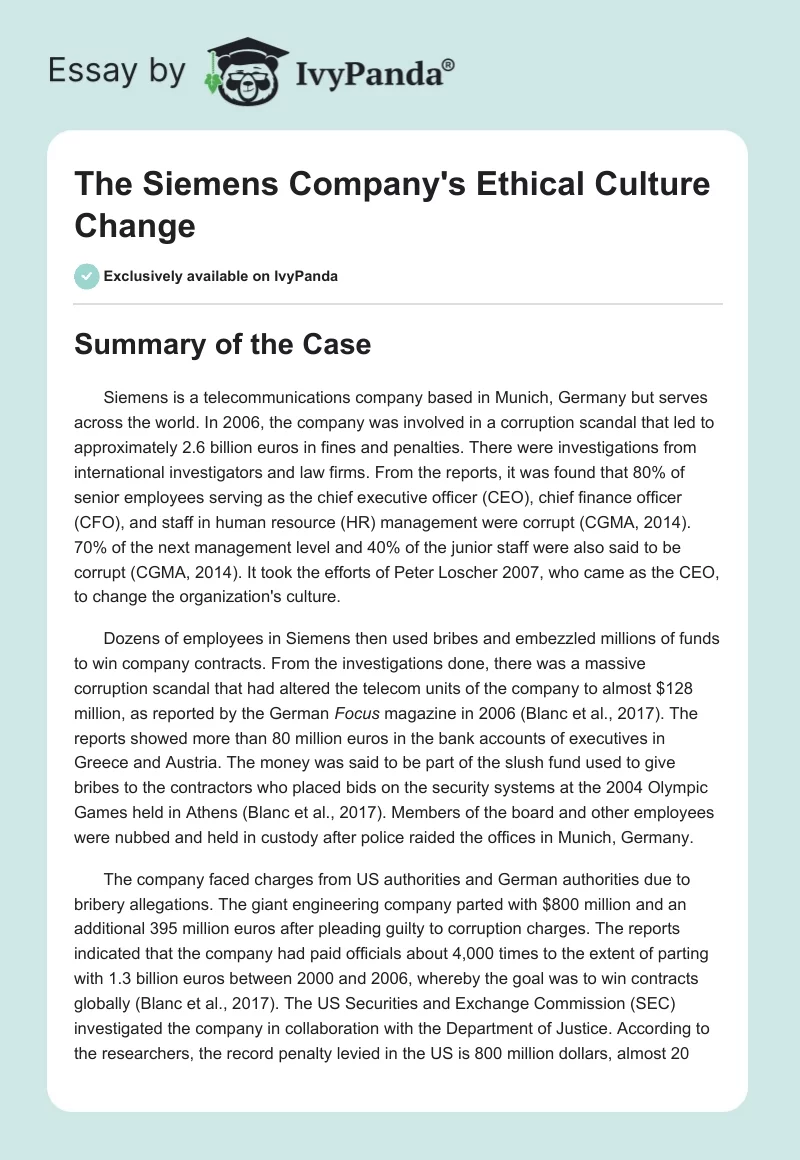 The Siemens Company's Ethical Culture Change. Page 1