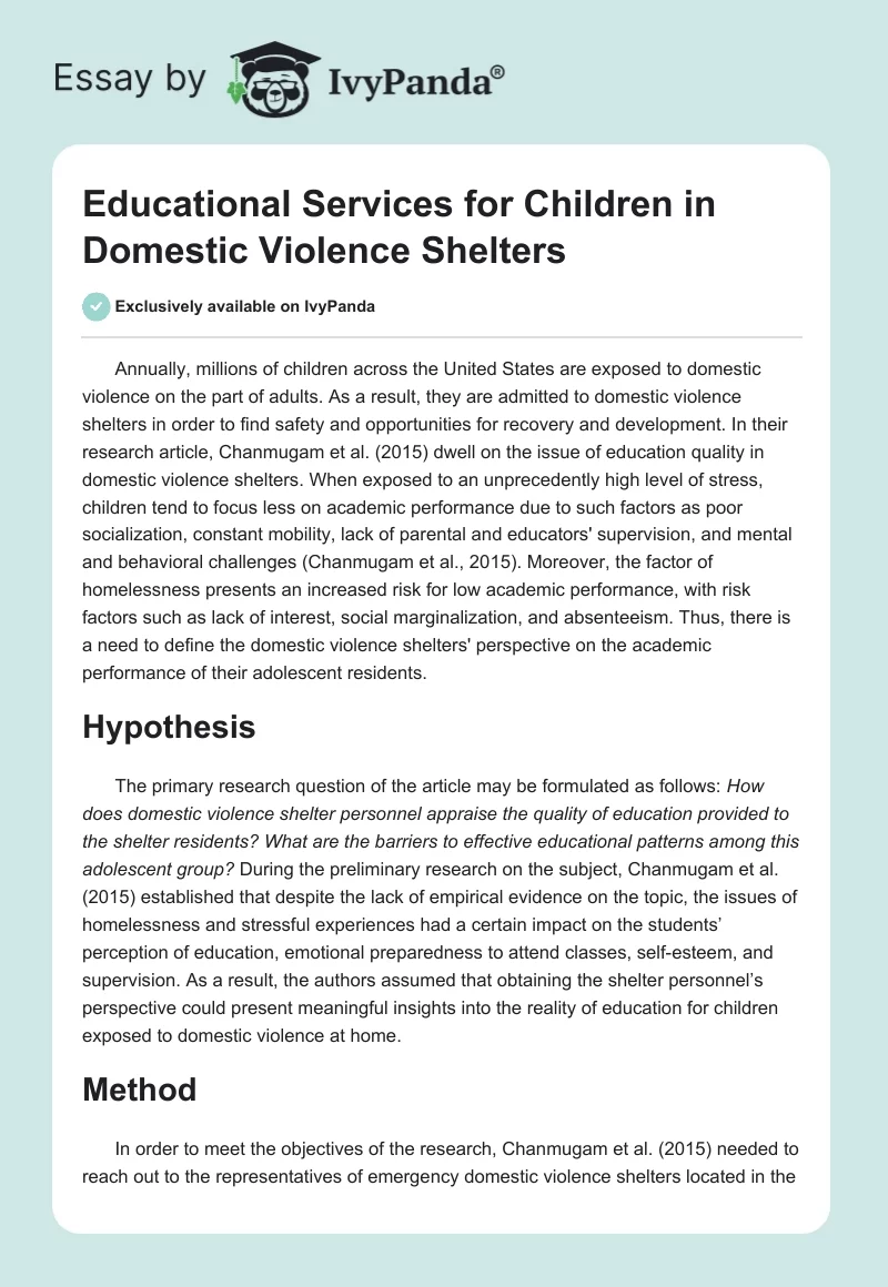 Educational Services for Children in Domestic Violence Shelters. Page 1