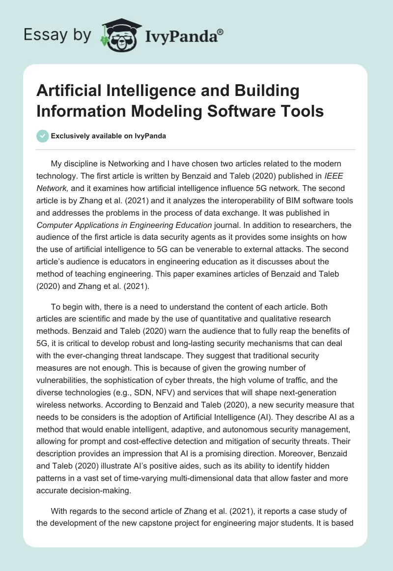 Artificial Intelligence and Building Information Modeling Software Tools. Page 1