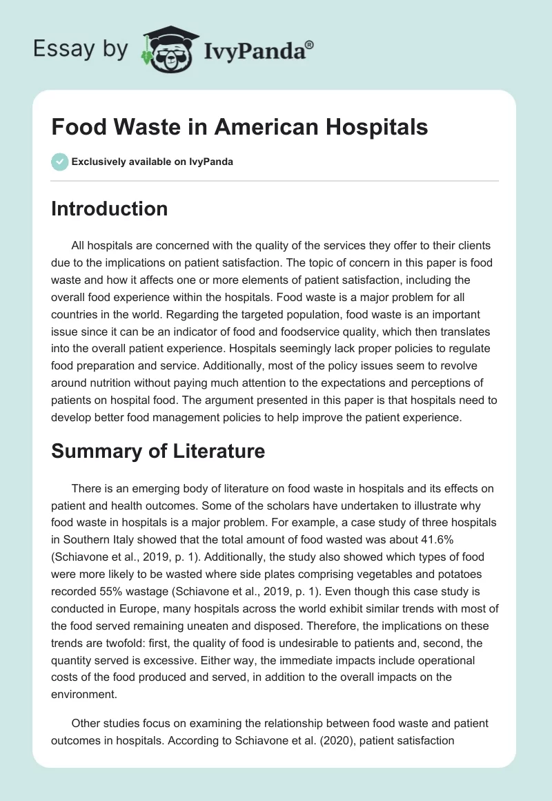 Food Waste in American Hospitals. Page 1
