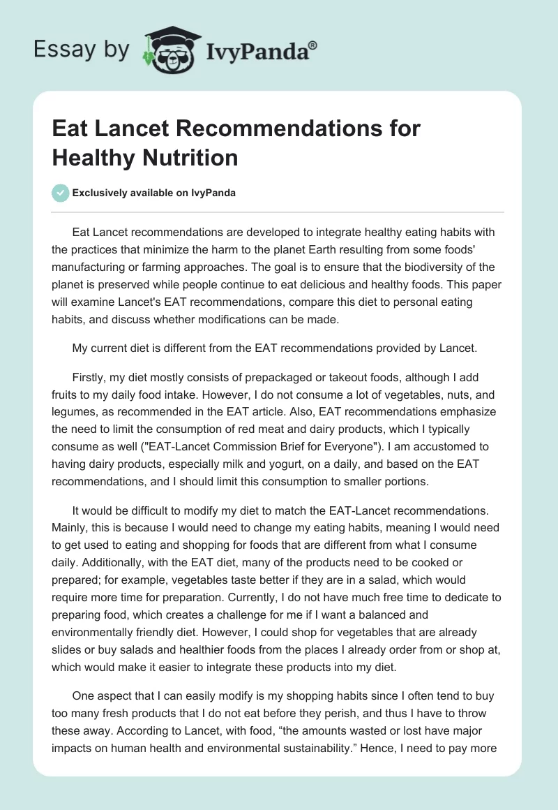 Eat Lancet Recommendations for Healthy Nutrition. Page 1