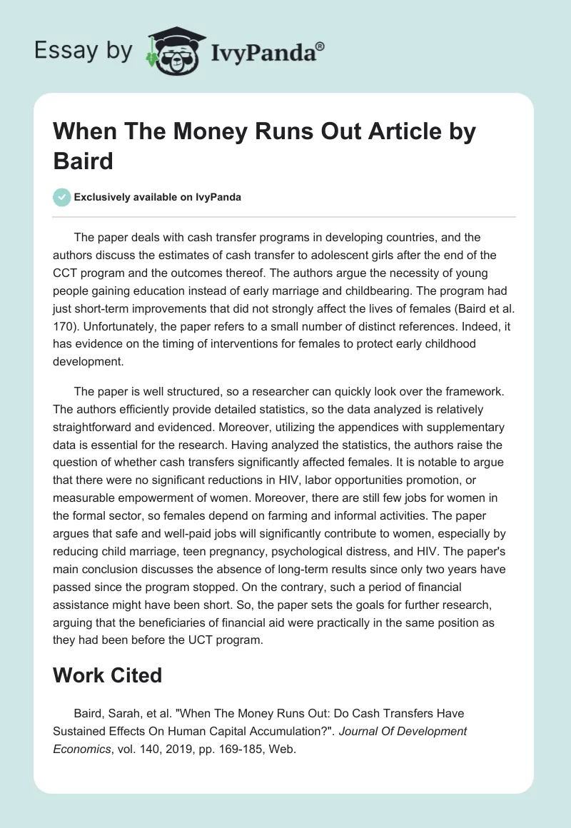 "When The Money Runs Out" Article by Baird. Page 1